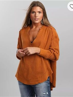 We The Free Distressed V-Neck Waffle Pullover - Rust Orange, X-Small
